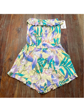 Billabong Pocket Flower Strapless Romper NWT Yellow Purple Tropical Floral Small